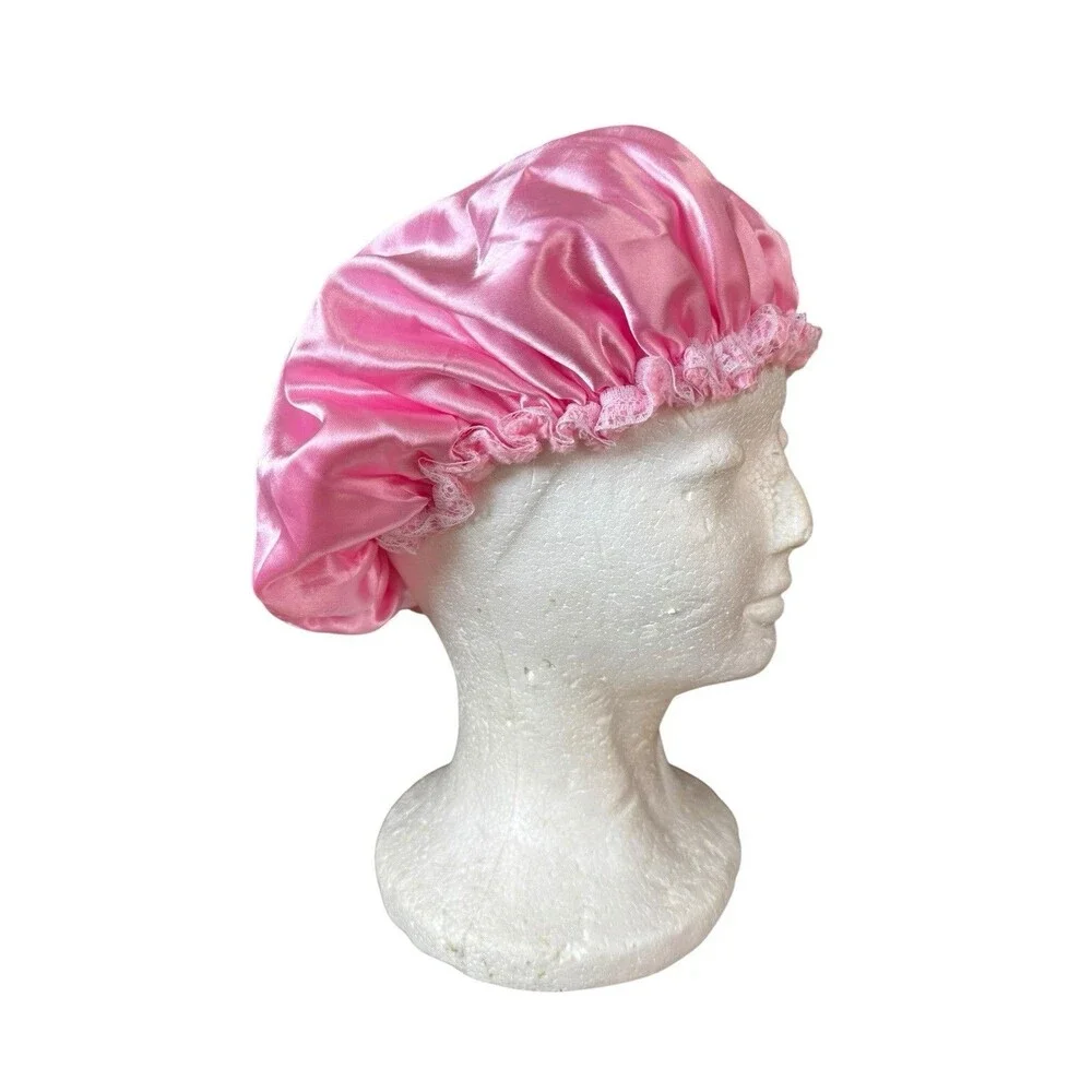 2 Satin Vintage Sleep Bonnet Hat Lace Trim Fleece Interior Cottagecore Night Cap